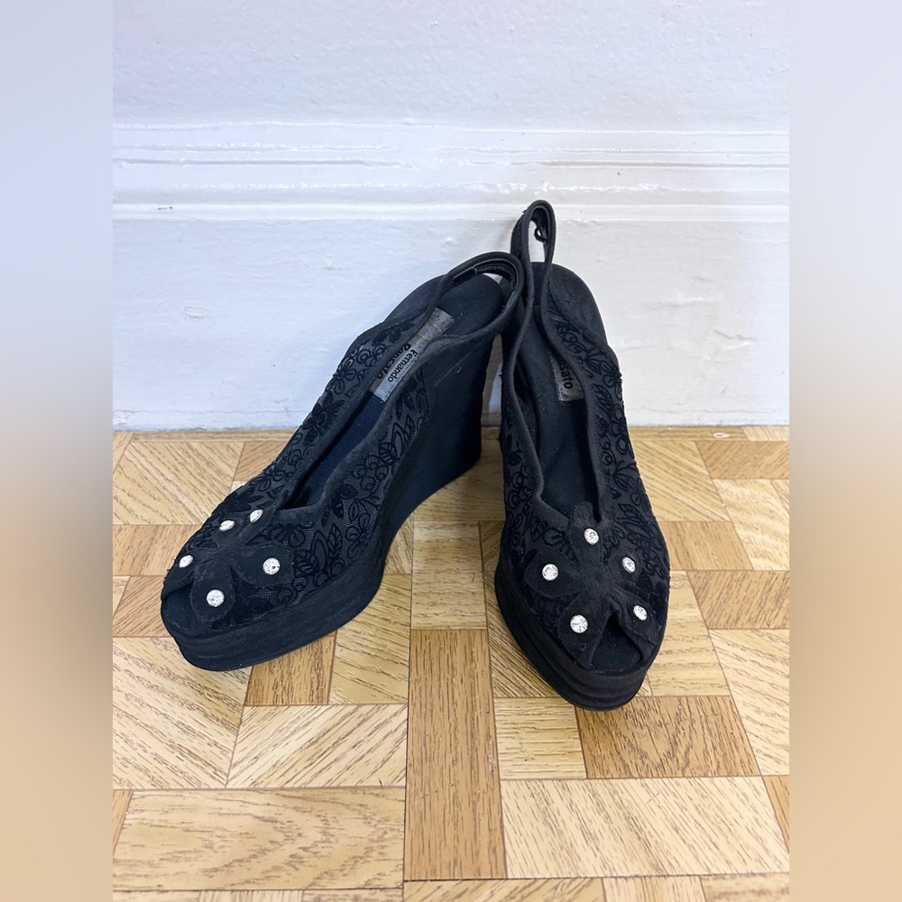 Fernando Pensato Black Suede Floral Velvet Burnout Rhinestone Sling Back Wedge